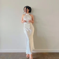 2022 New arrival lady party bodycon club long dress elegant sexy sleeveless halter 100% mulberry silk evening dress for women