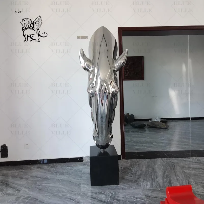 BLVE Custom Indoor Modern Villa Luxury Decorative French Style Mirror Polished Statue Stainless Steel Horse Head Sculpture