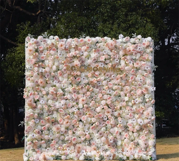 2024 New Design Panel Decor Artificial Flower Wall for Wedding Decor 3D Roll Up Fabric Cloth Base Pink Silk Flowerwall Backdrop
