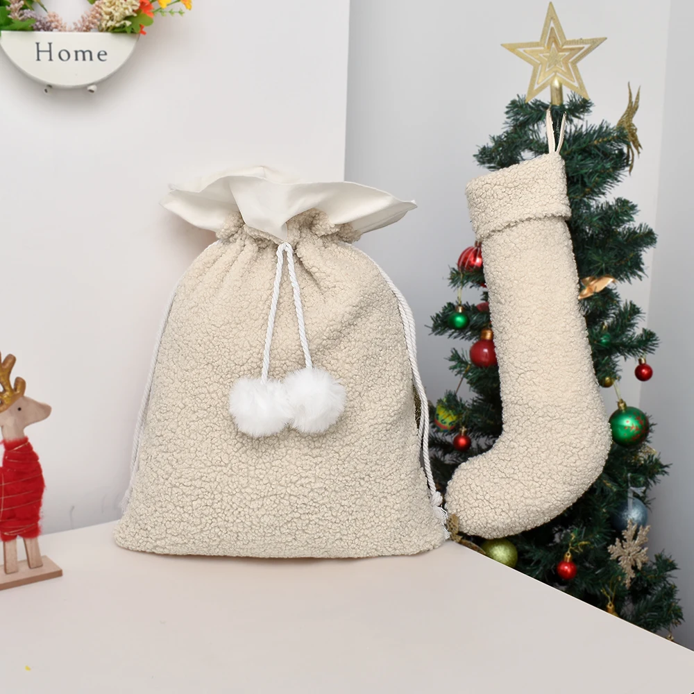 High Quality Blank Santa Sack with Matching Stocking Personalized Boucle Christmas Santa Sack With Pom Pom
