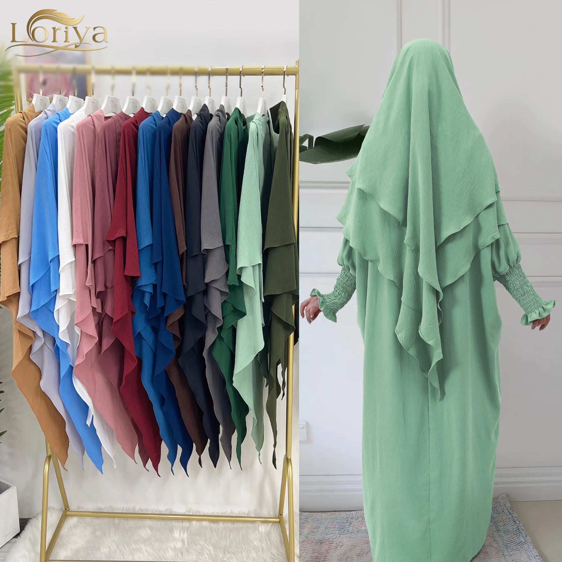 Loriya Hot Selling Two Layers Flowy Khimar Prayer Hijab Jazz Headscarf Jilbab Abaya Women Muslim Dress