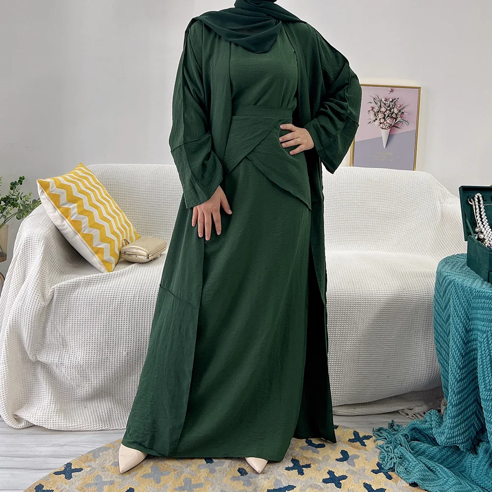 2022 Hot Selling Islamic Clothing Dubai Turkey Wrinkle Polyester 3pcs Set For Muslim Women Simple Abaya Set