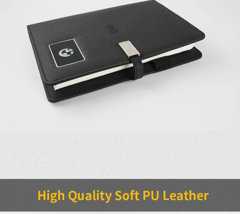 New Products Multifunctional Business Travel Can Light up logo A5 Size Folder Leather Wireless Charging Notebook