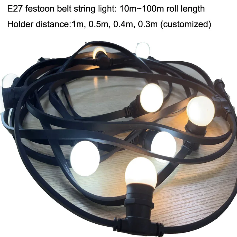 220V Flat cable E27 rubber belt light 100 meters 100 lamp base E27 G45  light belt for street lighting