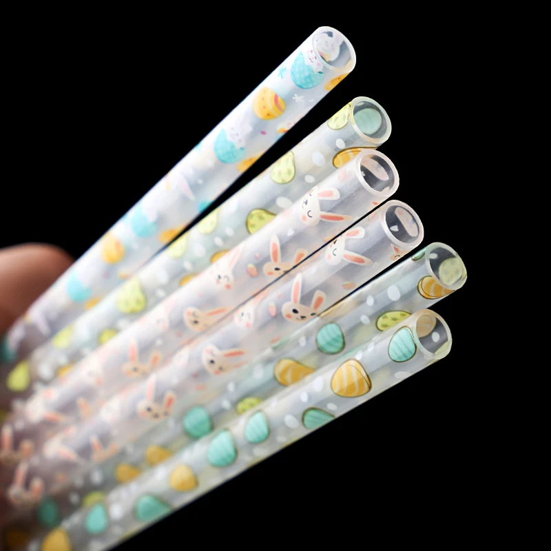 pp hard plastic easter bunny straws, reusable  easter holiday straws with designs,  wholesale  easter egg printed straws