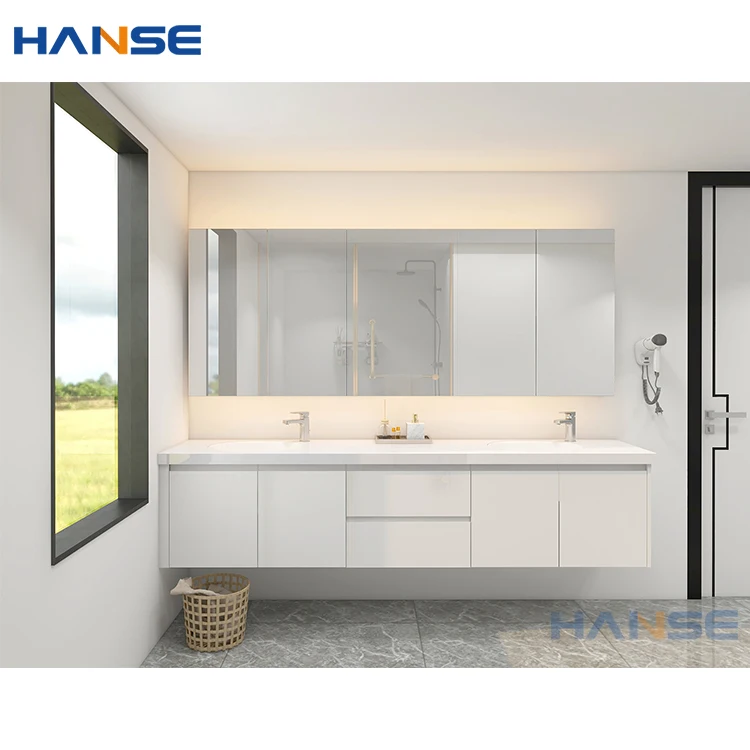 Luxury wall mounted floating mdf wooden panel bathroom vanity cabinet design with waterproof led mirror and ceramic sink basin