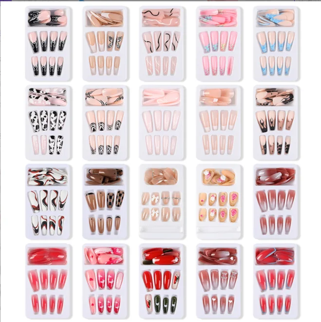 Wholesale 20 Design Nail Chain Blush Checkerboard Camellia Design Wearable Press On Nail Tips Kit