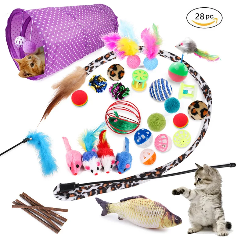 
28 pack pet cat toy set 2020 new cat toys pack with cat tunnel 