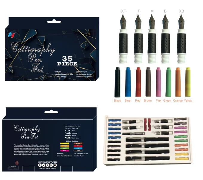 HY Gift Calligraphy Pen Set 35 Pieces/ 4 Pens 5 Nibs 22Ink Cartridges 1ink Pump 1 Instruction Booklet 1practice Paper