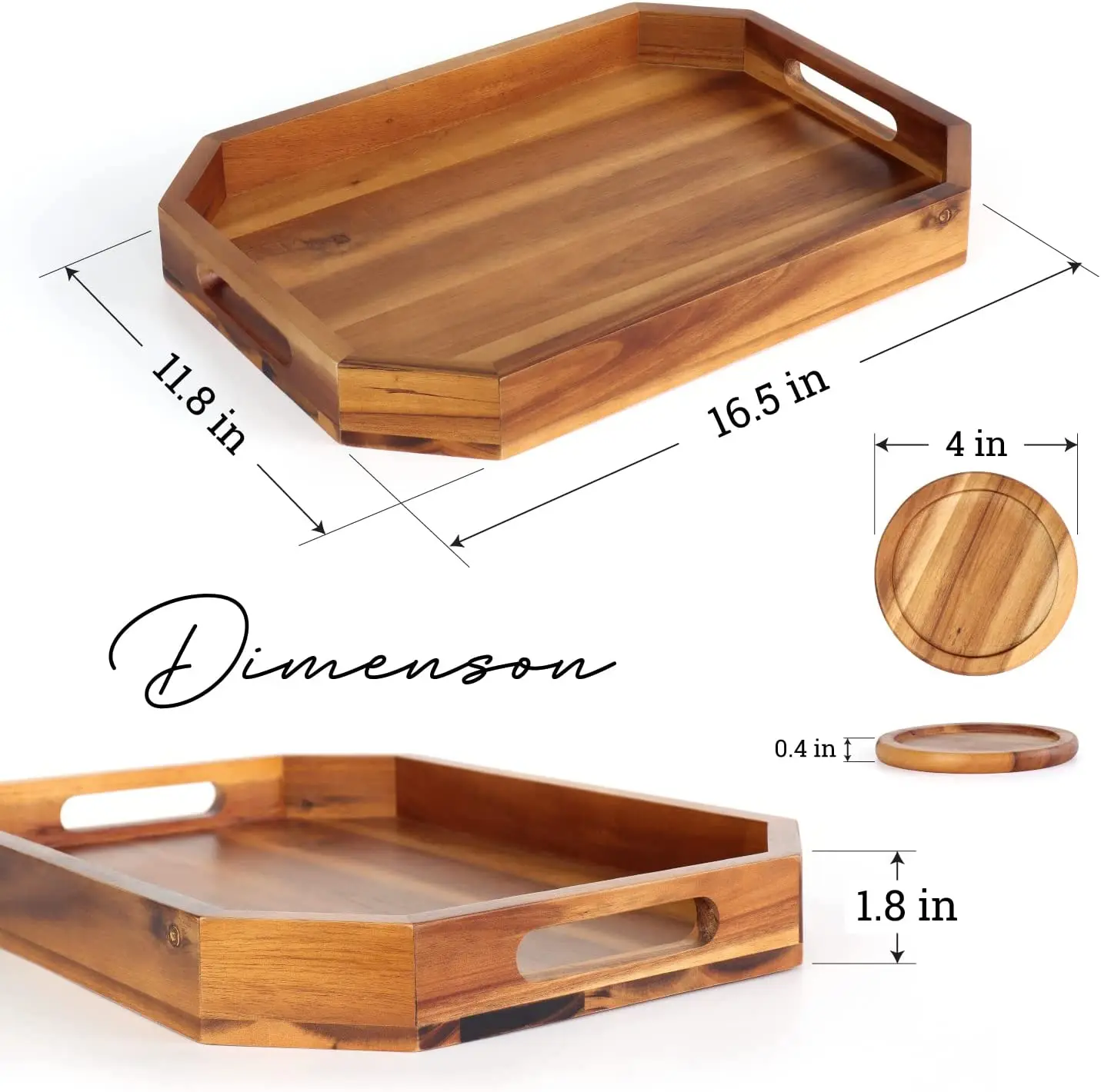 Оттоманский твердый поднос, деревянный сервировочный поднос с вырезами, угловыми краями и 4 деревянными подставками
