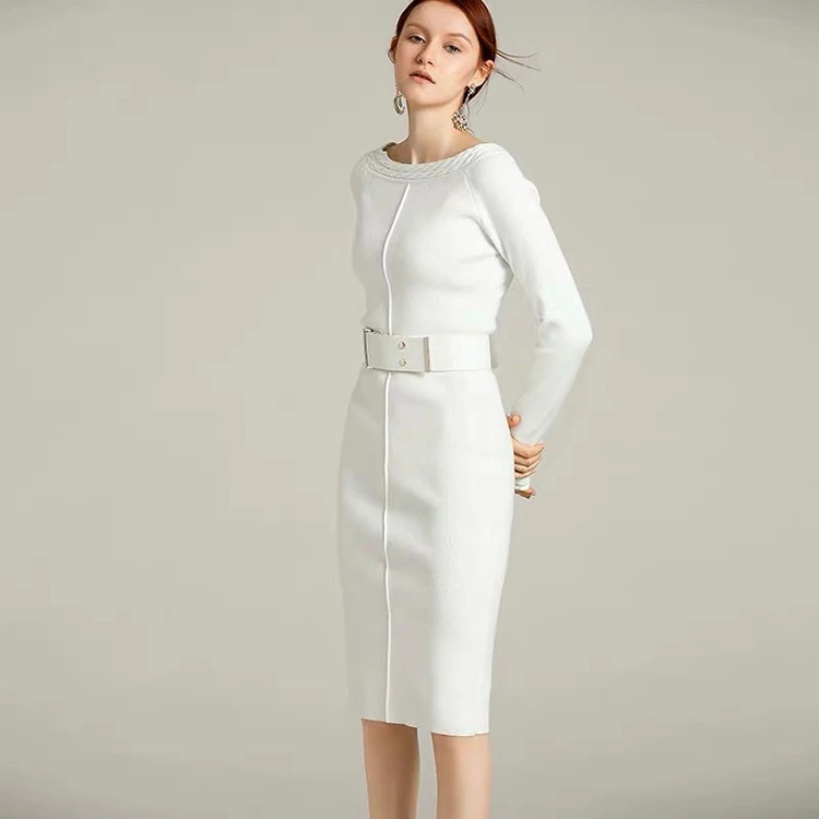 Autumn Turtle Neck Black White Knit Midi Dress Long Sleeves Work Office Lady Women Career Dresses