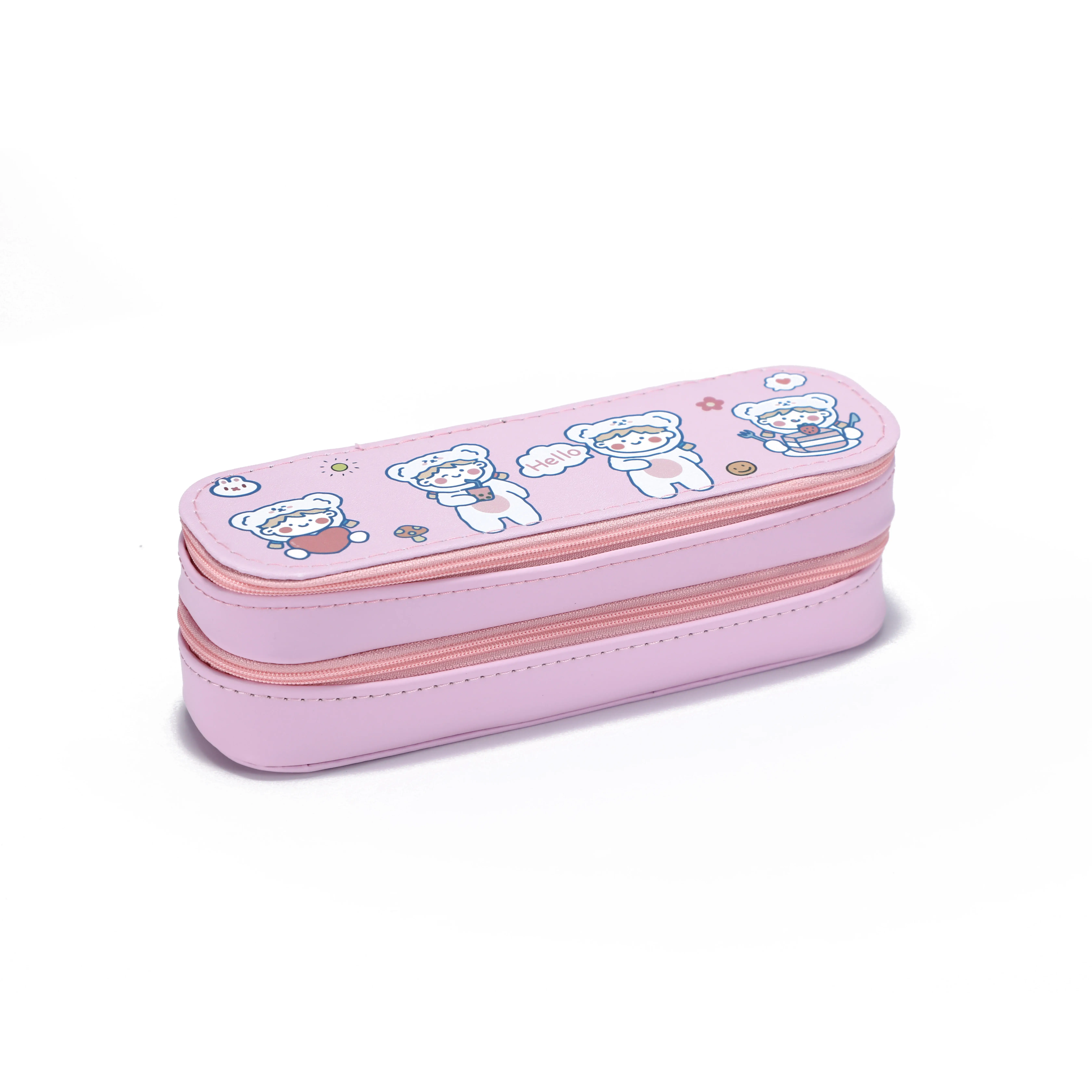 Wholesale Full Color Printing PU Pencil Pouch Bags Cases with 2 Layers and 2 Zippers for School Office Student Boys & Girls