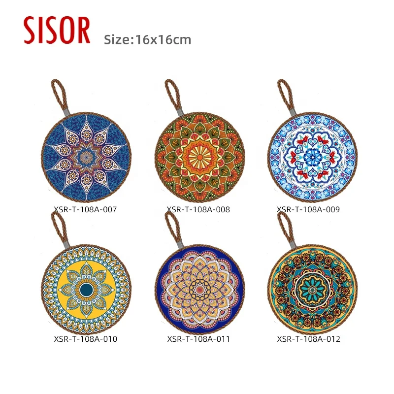 Bohemian Heat Resistant Boho Ceramic Trivet With String Mandala Kitchen Custom Sublimation Mats Ceramic Placemat With Rope