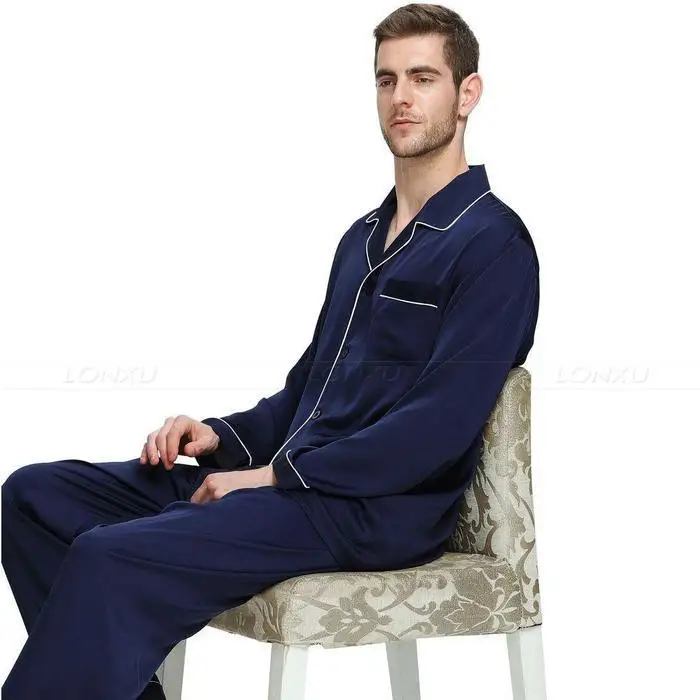 
2021 New Style Pajama For Men Polyester Two Piece Set Long Sleeve Sleepwear Solid Homewear 