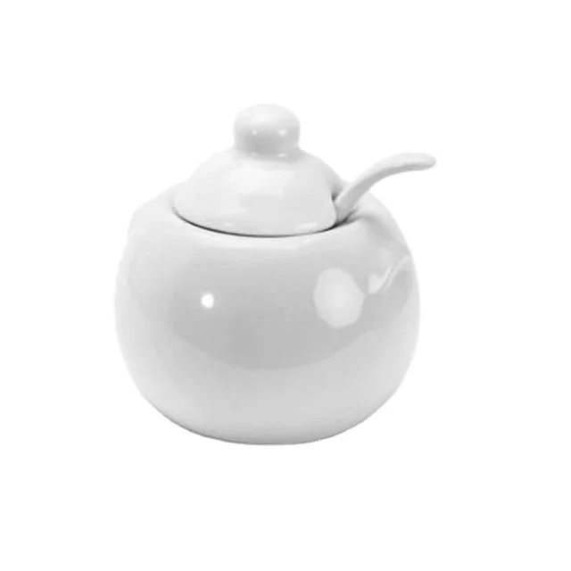White Porcelain 8 ounce Covered Sugar Bowl with spoon