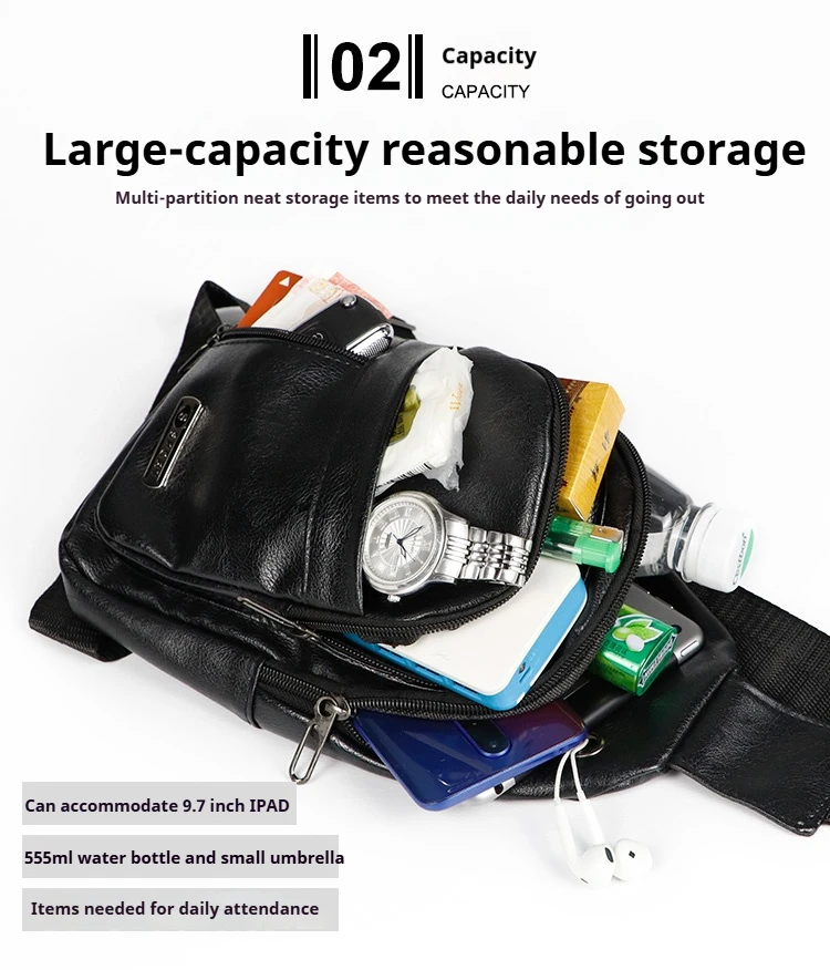 Retro Fashion PU Leather Chest Bag Large Capacity Waterproof Chest Bag Outdoor Headphone Jack Design Chest Bag