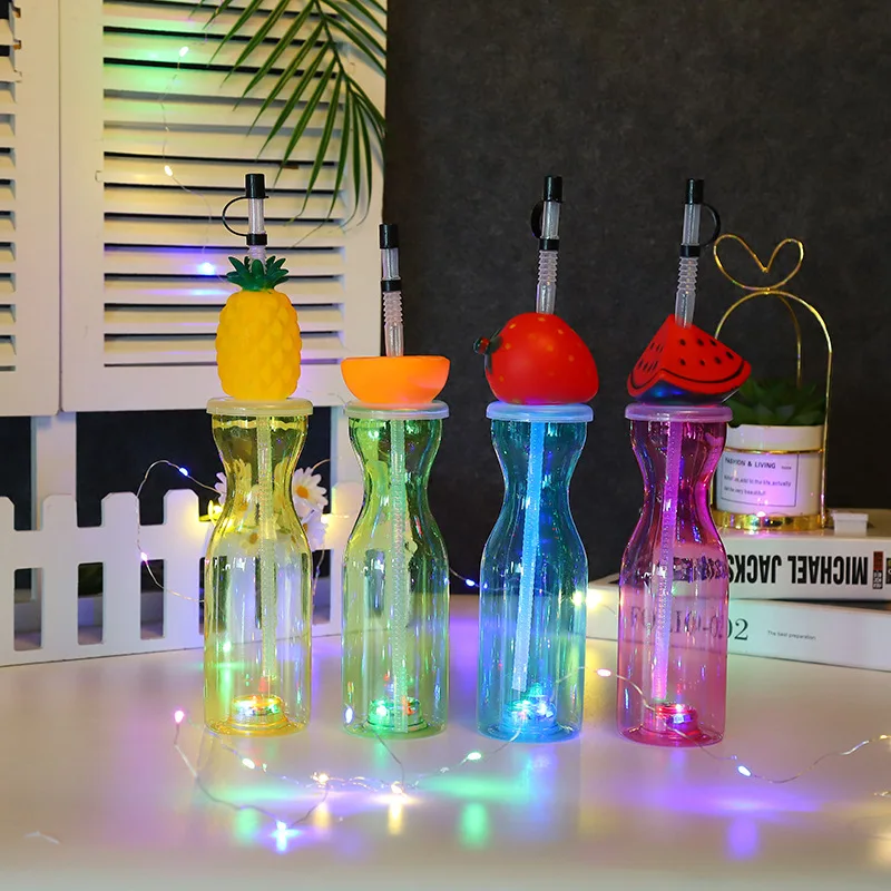 Funny 3D Cups Cartoon LED Plastic Kids Cup Fruit Shape Long Neck Party Beverage Carton Toys Cups For Children