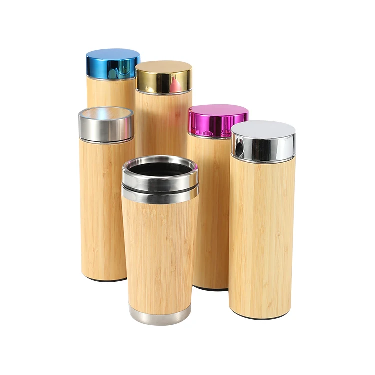 Stainless Steel Water Bottle Vacuum Insulated Coffee Travel Mug Bamboo Tumbler with Tea Infuser & Strainer