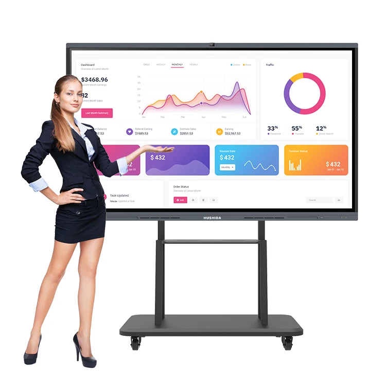 65 75 86 100 inch 4k tempered glass screen Window Android dual system interactive smart touch whiteboard for classroom
