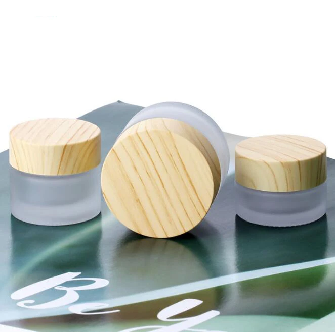 Cream Bottles Round Cosmetic Jars Hand Face Packing Bottles Jars 5g 10g 15g 30g 50g 100g Cream Frosted Glass with Wood Grain