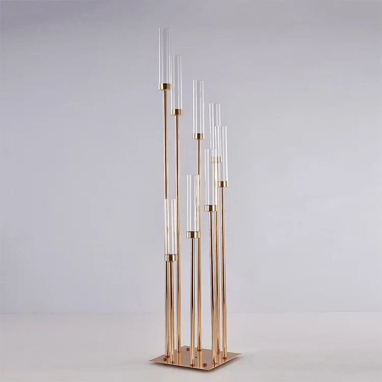 hintcan 8 head 136cm tall shiny gold metal glass /arcylic tube candle holders wedding floor candelabra centerpiece decoration