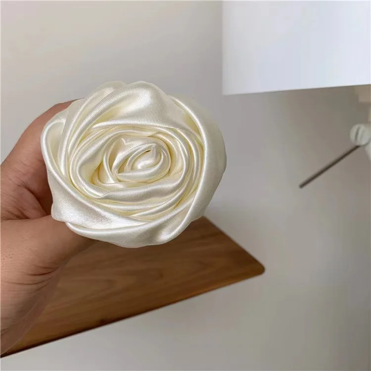 French vintage creamy flower scrunchies hair bands hot seller luxury romantic handmade white big rose satin silk scrunchy girls