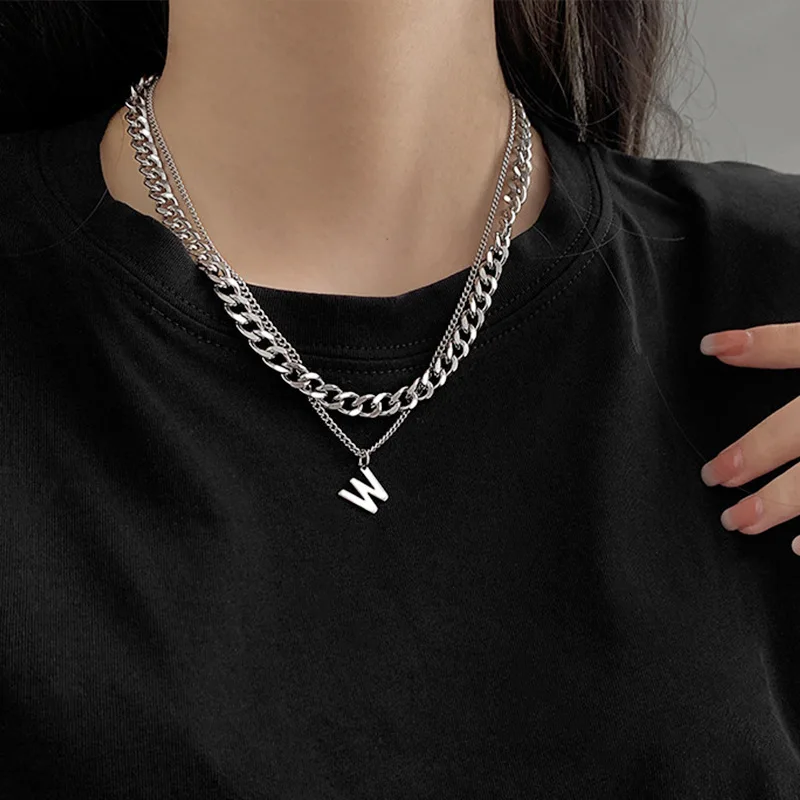 Korean Version Personality Initial Letter W Pendant Double Layered Wear Sweater Long Chain Titanium Steel Necklace