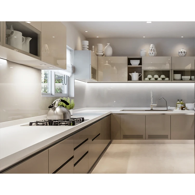 Customized modern champagne color lacquer wood kitchen cabinets with soft closing design