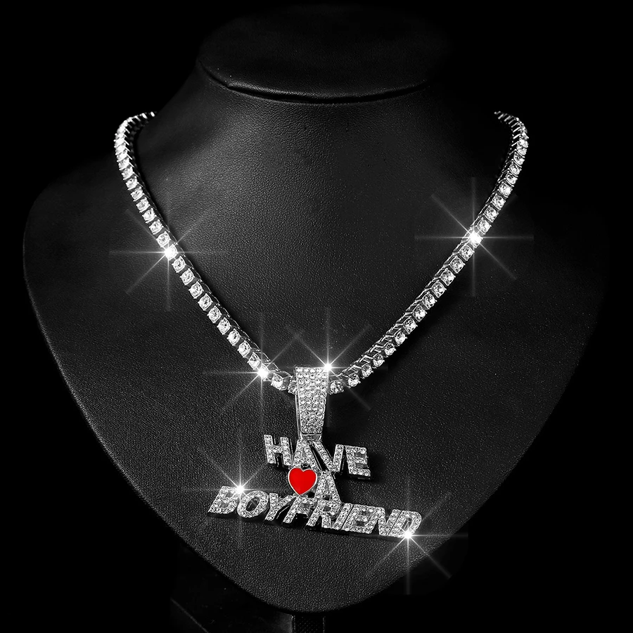 Silver gold color alloy tennis chain with hip hop full bling CZ rhinestone heart letter pendant chokers necklace