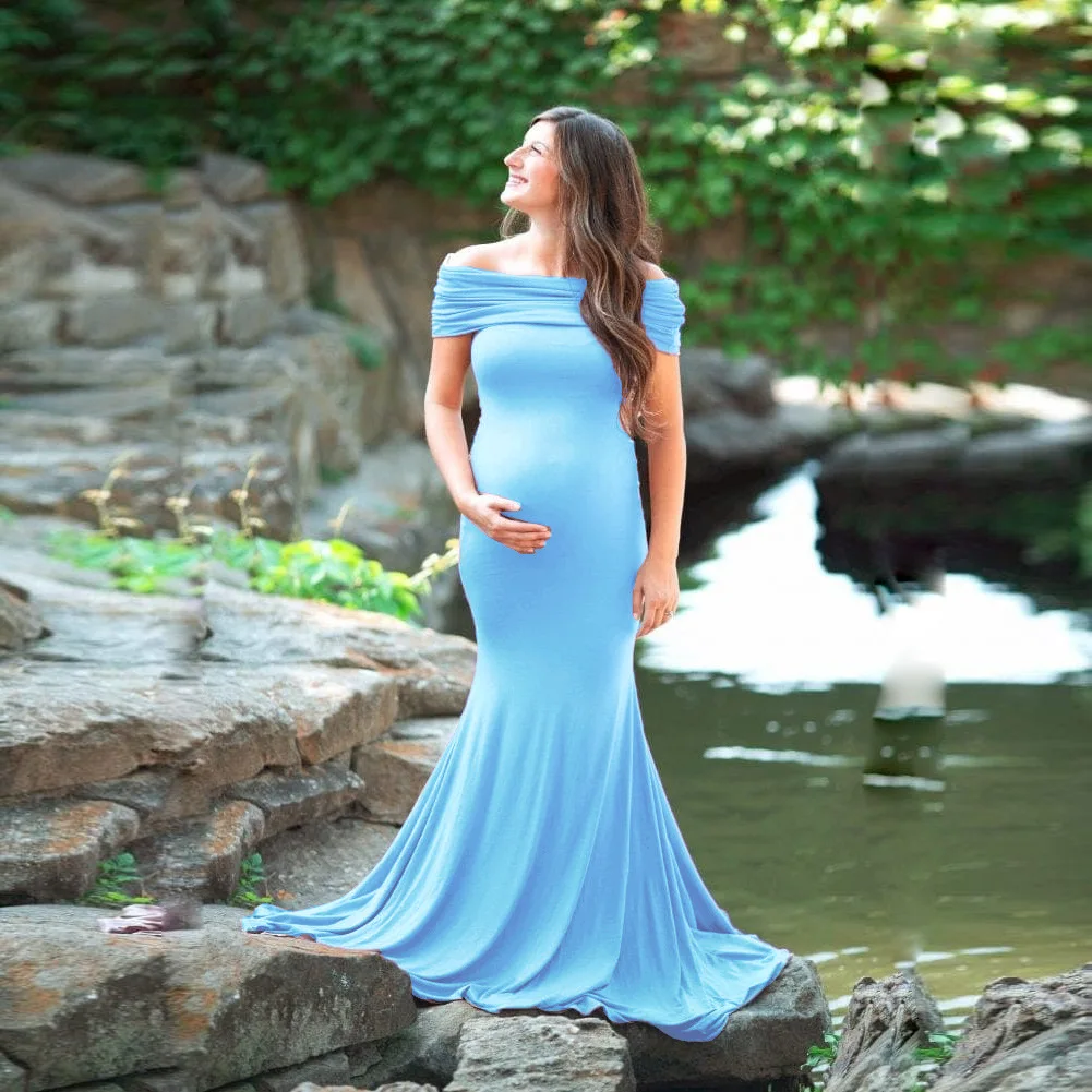 New elegant pregnant women  Reverse Neck dresses maternity photo shoot dress with long tail for photograph