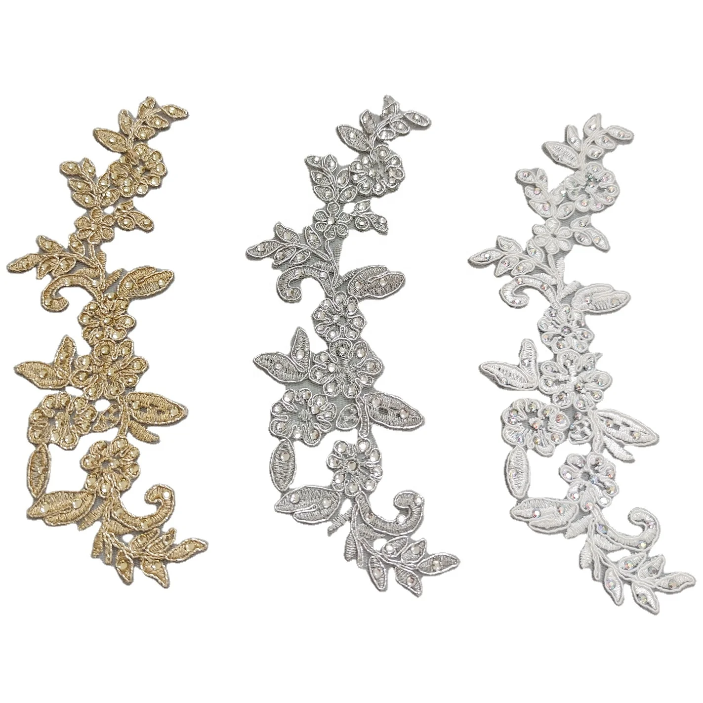rhinestone corded silver lurex embroidery flora appliques