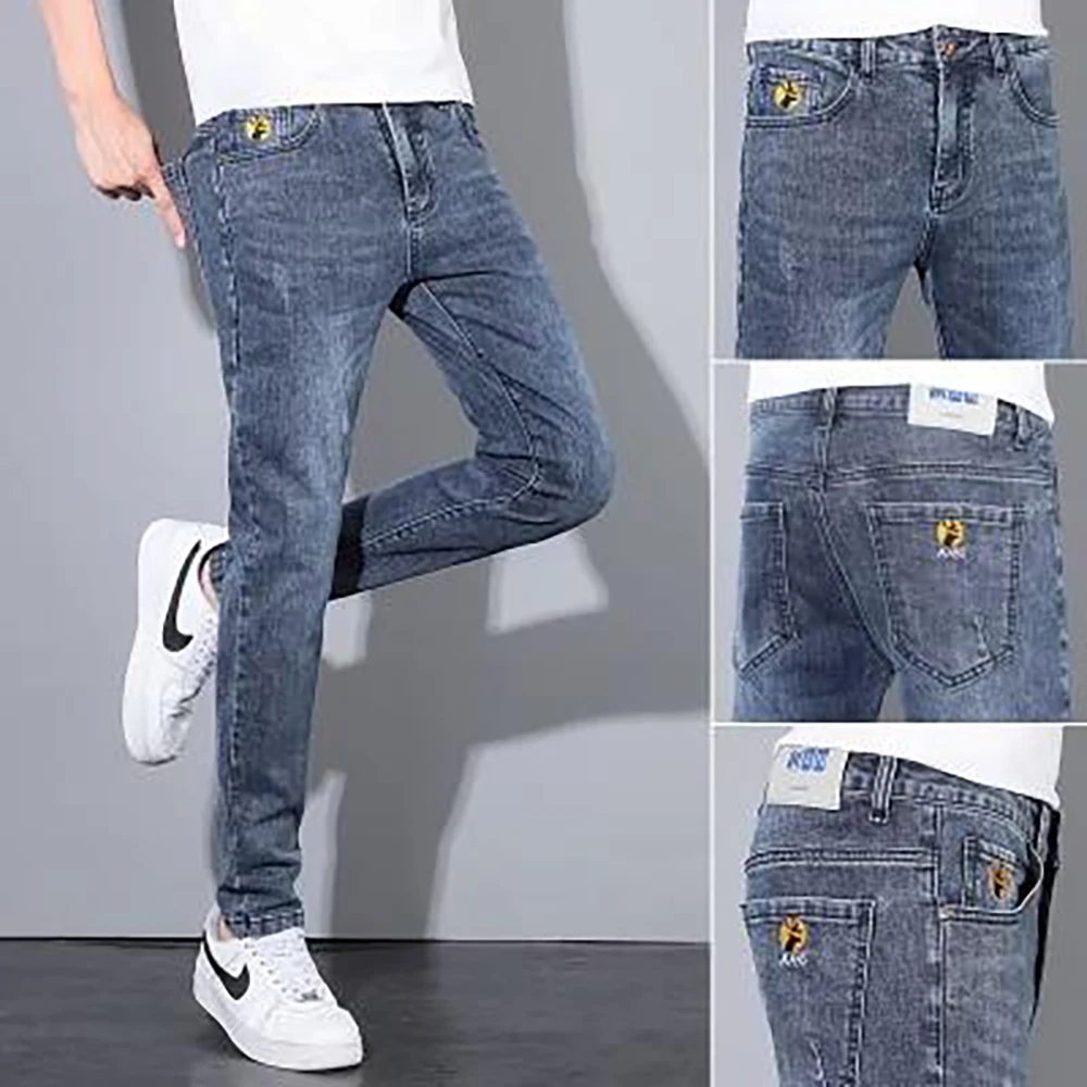 Custom High Street Hip Pop European Blue Washed Denim Spray Casual Jeans for Man