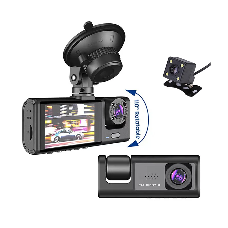 2024 New 1080P HD Car Black Box 3 Lenses and 2 Inch Display Dash Camera Loop Recording 3 Channel Dash Cam