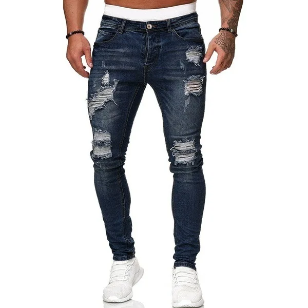 Hole grind white slim-fit denim trousers fashion distressed mid-waist pants for men