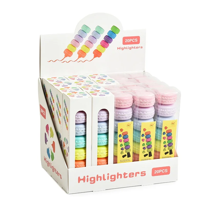Macaron 6-Color Mini Multicolor Soft Tip round Highlighter Pen Set Creative Brush with Flat Oblique Plastic Material School Use
