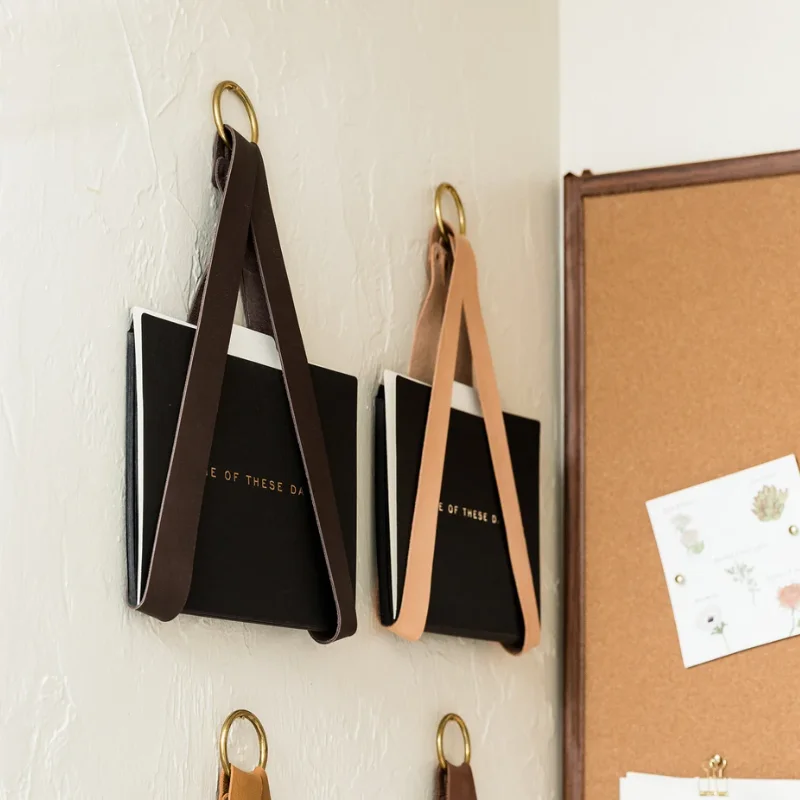 Versatile leather strap hanging file magazines storage rack, Wall-nounted books display holder office home kitchen decor