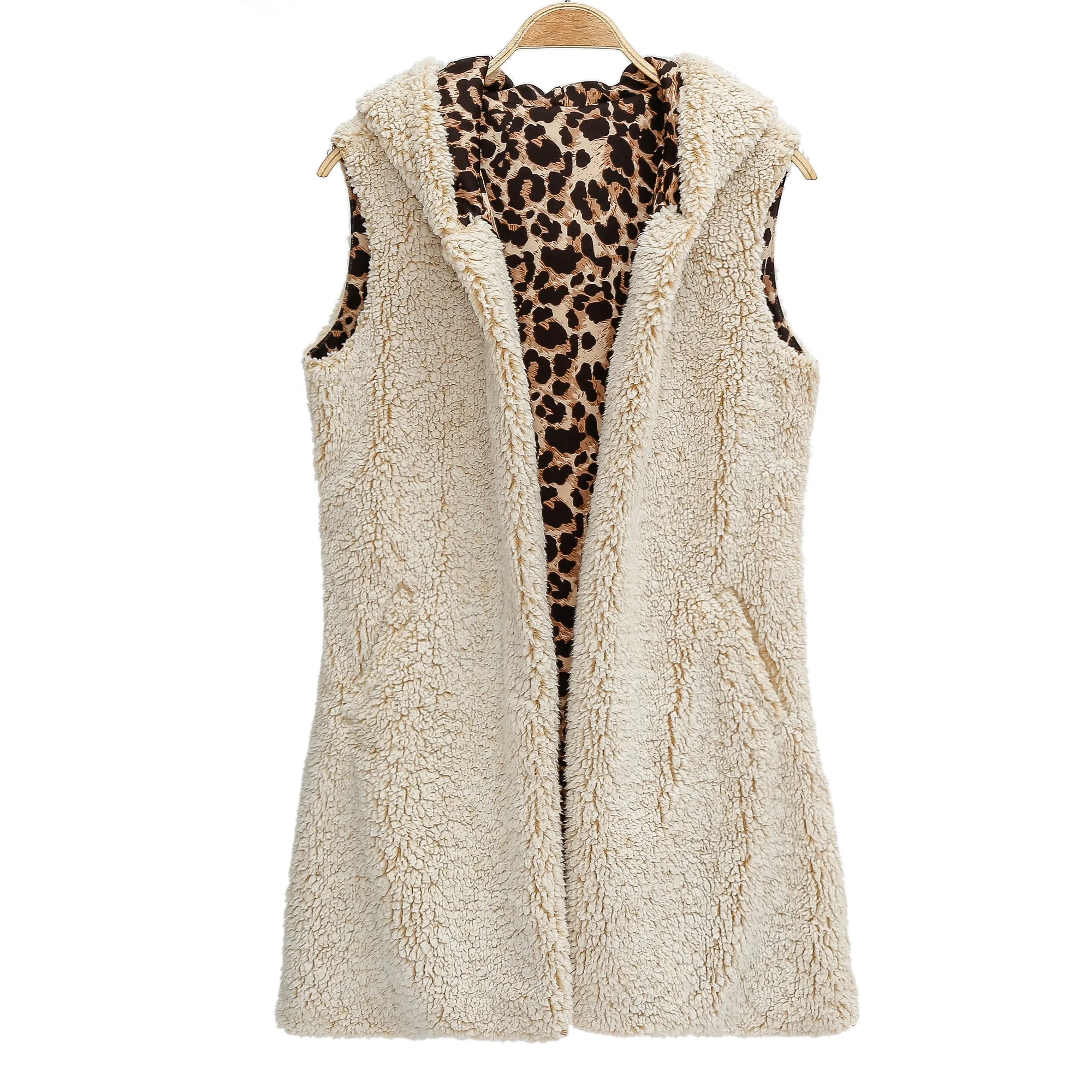 Sleeveless Open Front Reversible Fleece Vests Faux Fur Hooded Sherpa Vest For Women