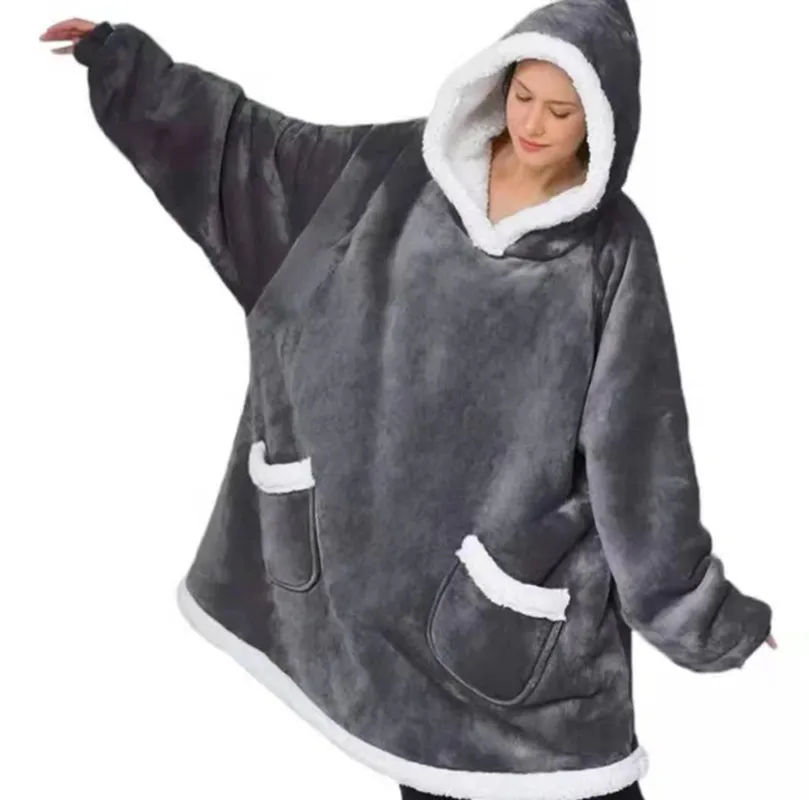Original Factory Custom 2 pocket Design Sweatshirt Winter Warm Comfortable Sherpa Oversized Hoodie Wearable Blanket