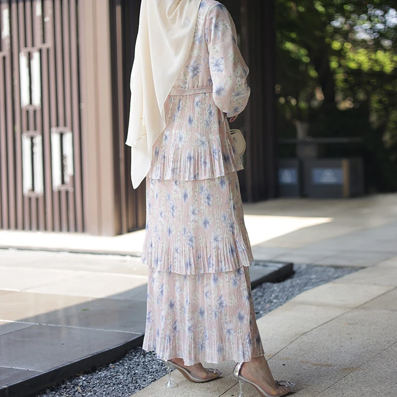 2023 Latest islamic women clothes modest dress long sleeve printed chiffon three layer muslim women dress