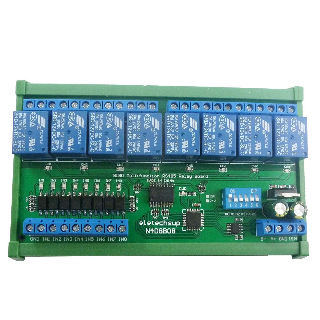 DC 12V 24V 8I8O Digital RS485 Modbus RTU Switch Control Board DIN35 C45 Rail Box N4D8B08