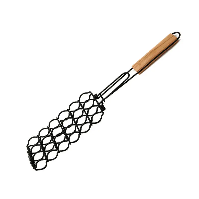 Stainless Steel Barbecue Grill Mesh Net BBQ Grill Basket with Wooden Handle for Sausage