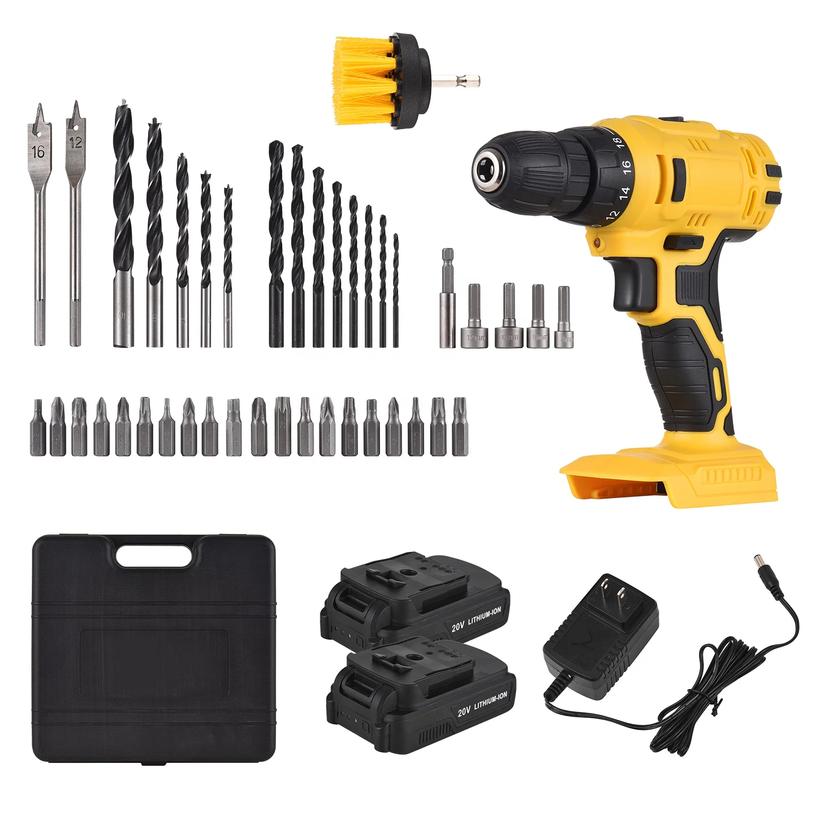 20V Portable Cordless Electric Drill 3/8 Inch Chuck Handheld Power Drill Screwdriver with 2 Batteries Fast Charger 41 PCS Drill