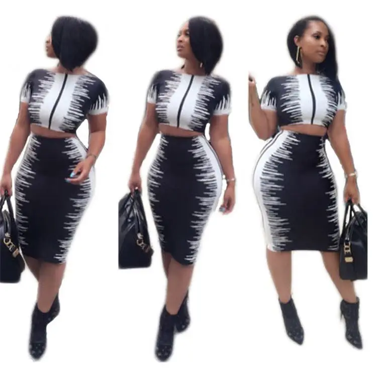 Cropped skirt  contrast printing 2 piece dress set body fitting 2 piece set women skirt clothing manufacturers womens clothing
