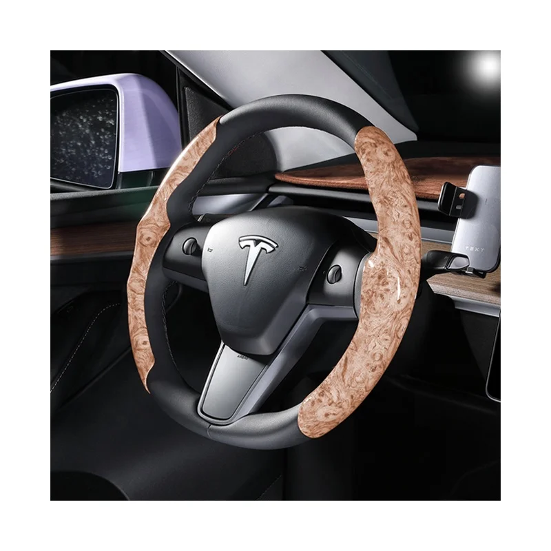 Luxury classic peach wood grain leather steering wheel covers for tesla model 3 y suede carbon fiber car handle case wholesale