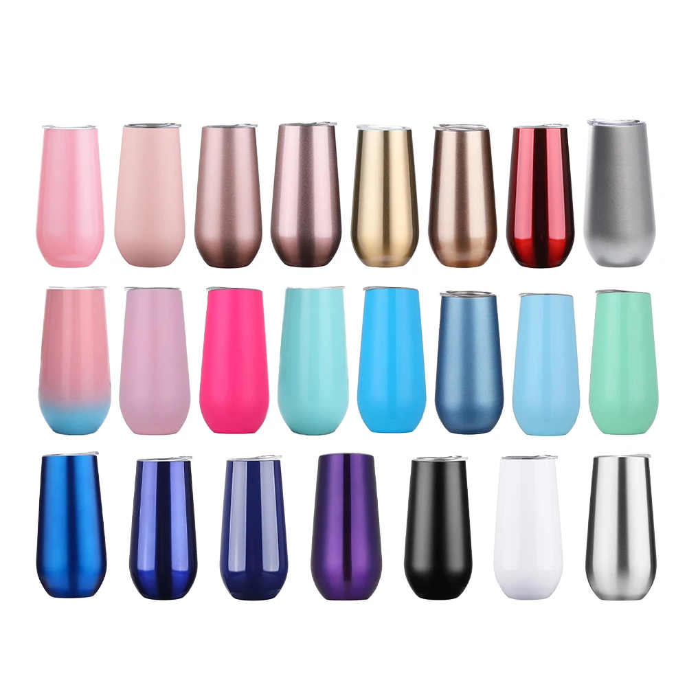 Double Wall 6oz Stainless Steel Insulated Champagne Flute Metallic Rose Gold Stemless Wine Tumblers