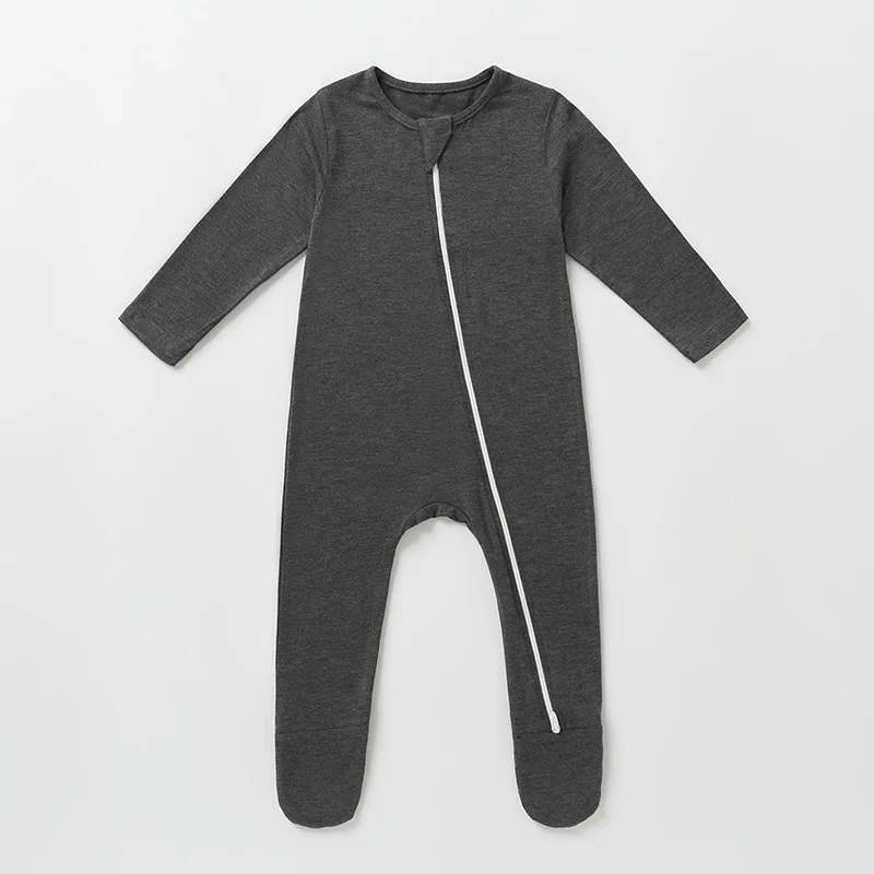 customization solid bamboo fiber breathable long sleeve Autumn zipper foot cover baby rompers