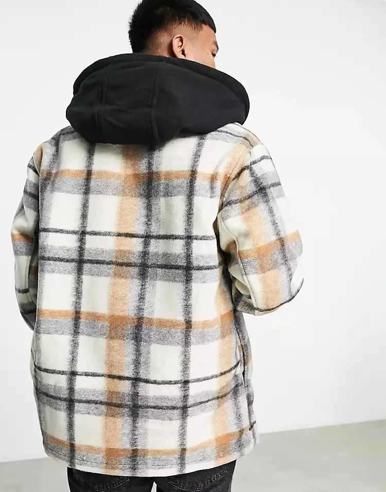 OEM custom button open oversized woolen Irregular plaid with black hood fashion winter jacke