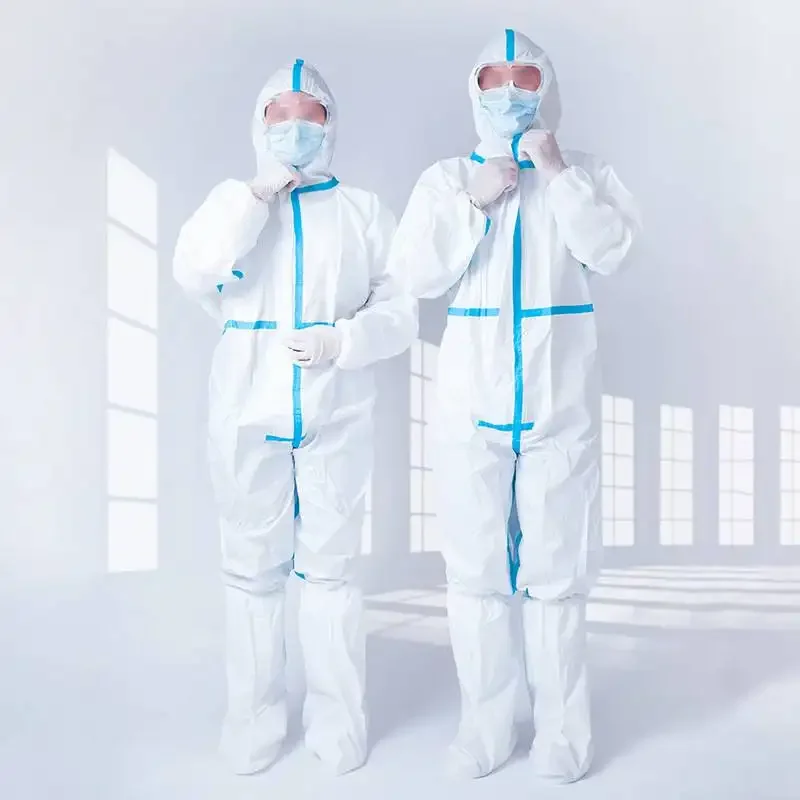 White Sms Coveral with Hood Medical Microporous Disposable Coverall Chemical Non Woven Protective Full Body Disposable PE Blue