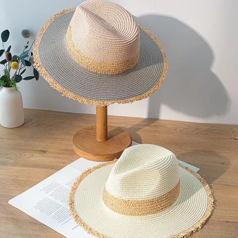 Summer Visor Breathable Floppy Wide Brim Sunshade Cowboy Pink Woven Women Color Matching Panama Fedora Straw Hat Beach Cap