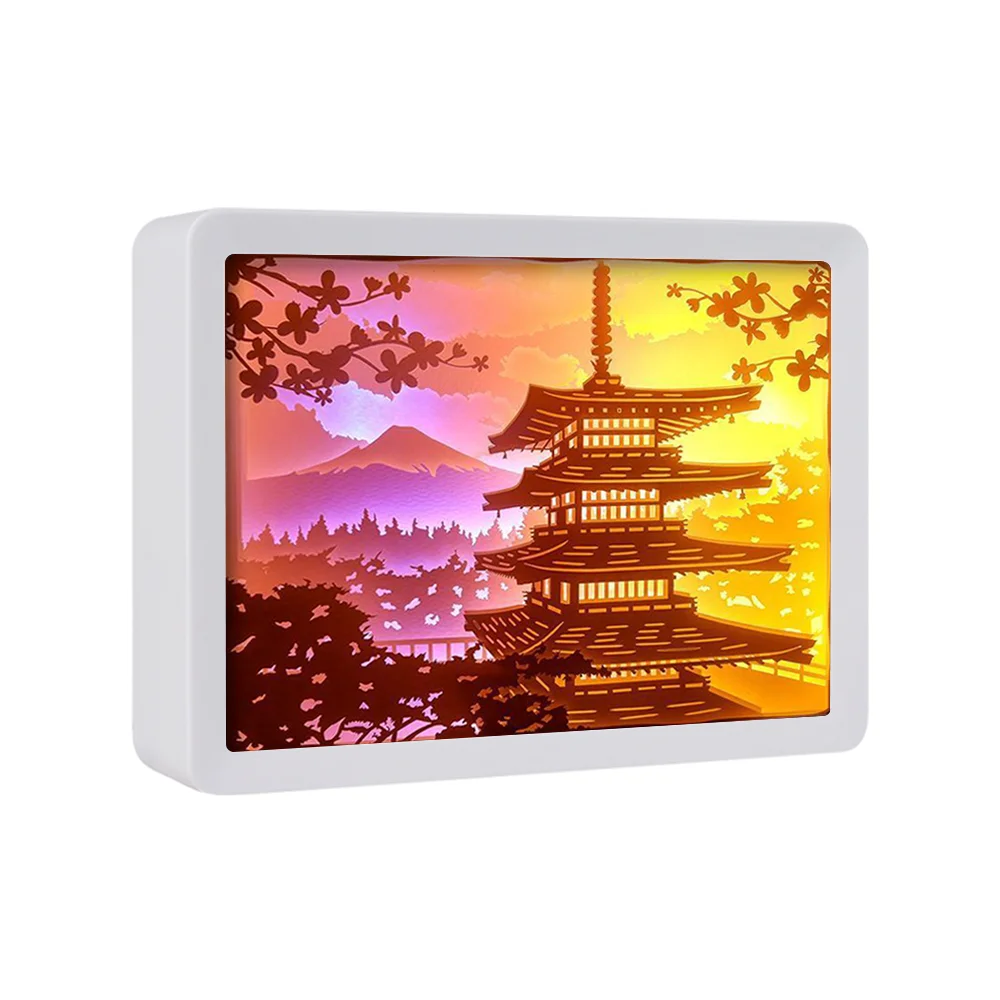2025 Hot Sale Japanese Pagoda Landscape 3D Paper Carving Lamp  Box Holiday Gift Decorative Lamp